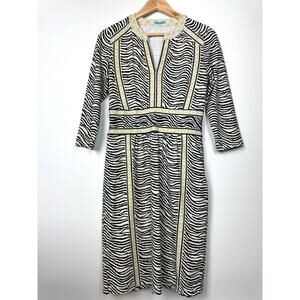 J.McLaughlin Zebra Print Sheath 3/4 Sleeve V-Neck Zippered Closure Dress Size S